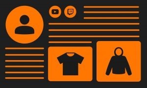 Merchandise store layout for content creators featuring profile, social media links, T-shirt and hoodie icons