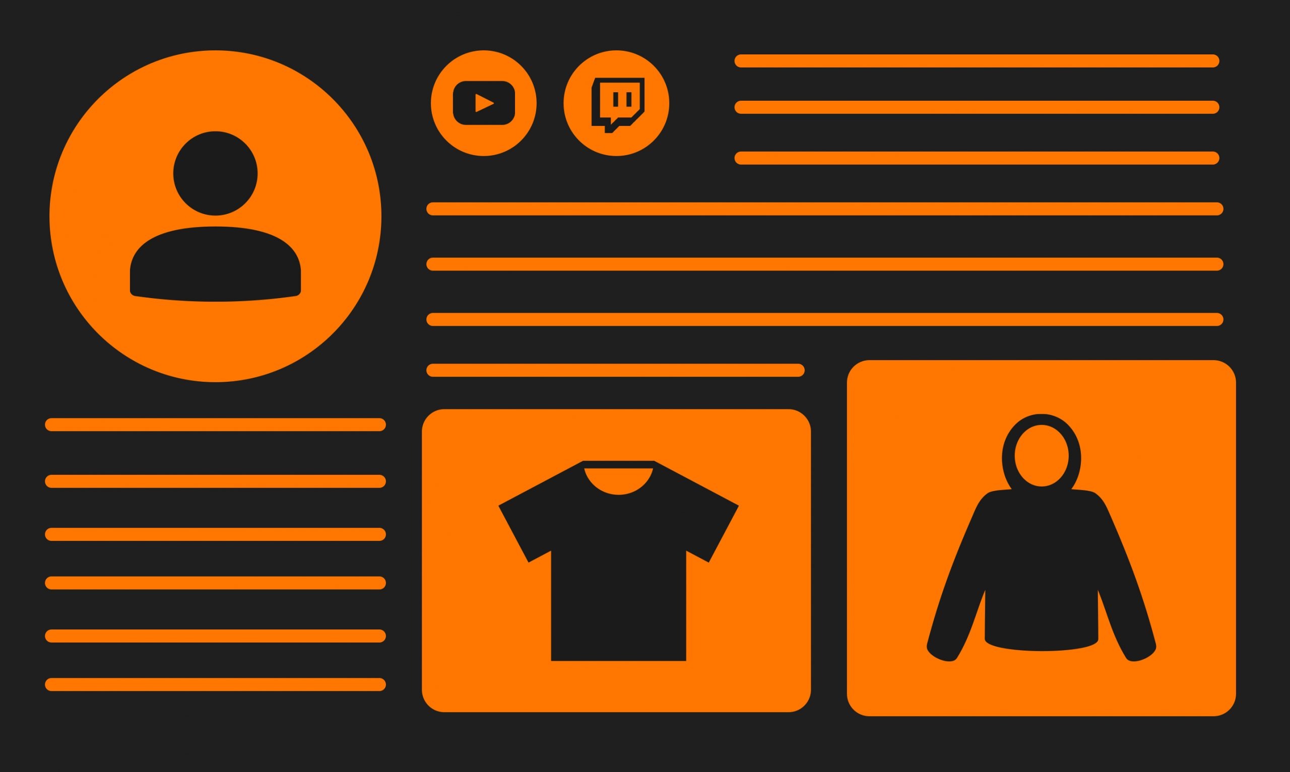 Merchandise store layout for content creators featuring profile, social media links, T-shirt and hoodie icons